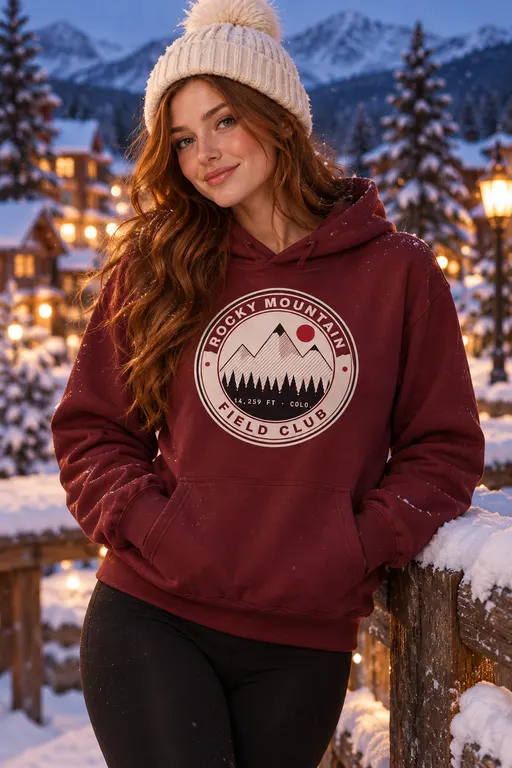 Ashley Morgan, a fictional character. Ashley in the Rocky Mountain Field Club hoodie in oxblood, a Colorado ski town.