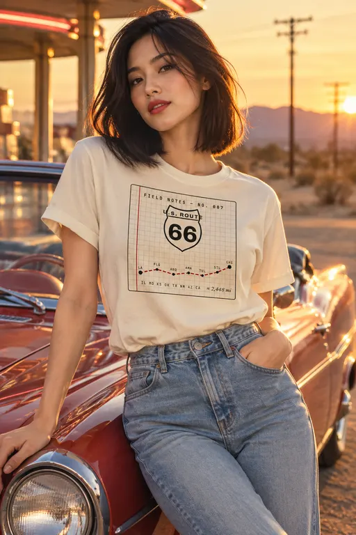 Chloe Park, a fictional character. Chloe in the Route 66 Field Notes tee, a classic diner on Route 66.