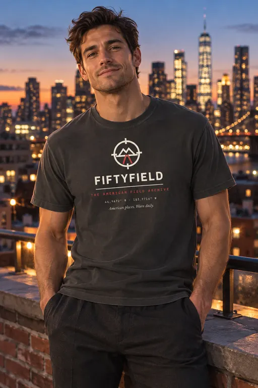 Ethan Walker, a fictional character. Ethan in the FiftyField Signature tee, Brooklyn at night.