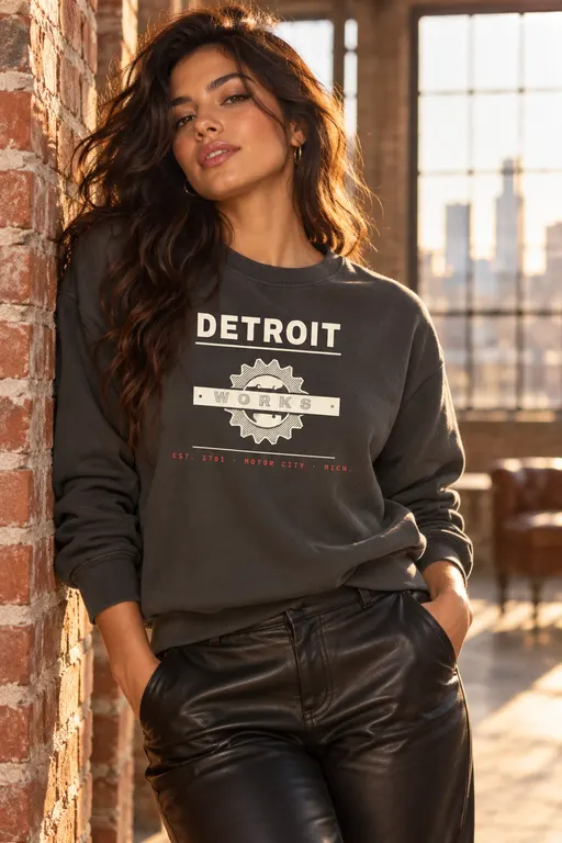 Isabella Reyes, a fictional character. Isabella in the Detroit Works crewneck, Corktown loft.