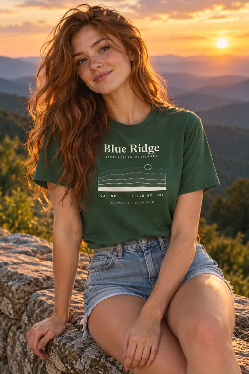 Savannah Brooks, a fictional character. Savannah in the Blue Ridge tee, Blue Ridge Parkway overlook.